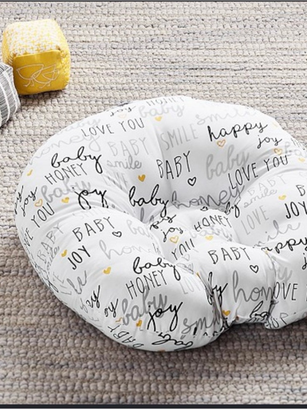 Boppy pillow lounger for nursing and feeding. White with Gray & Gold Script